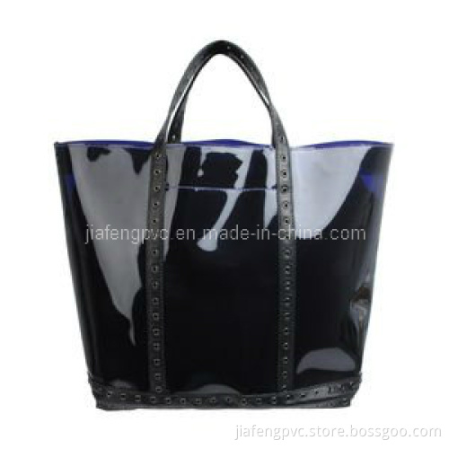 Black Glossy PVC Tote Bag with Red Piping